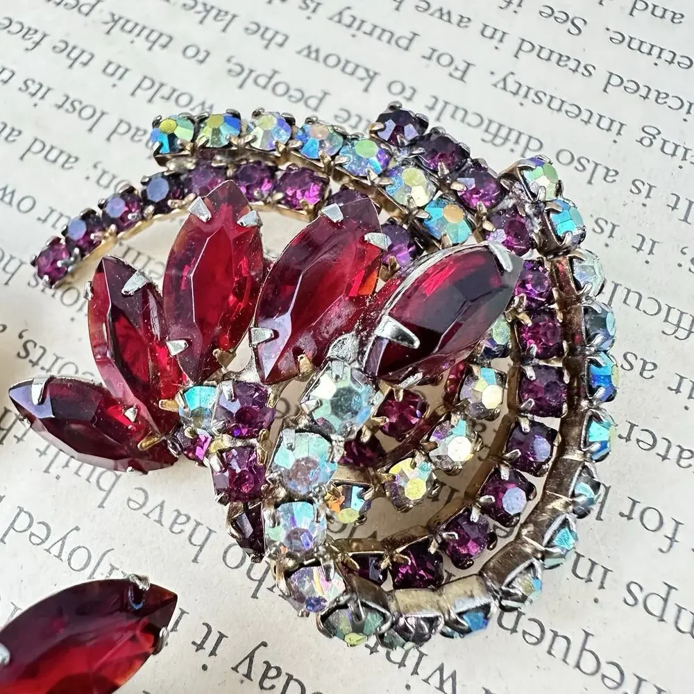 Vintage Red Rhinestone Brooch & Clip Earring Set Pink AB Swirl Cluster Sunburst